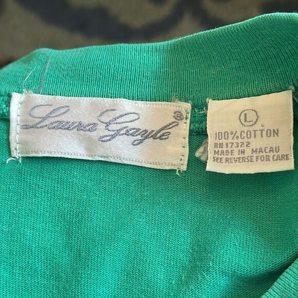 Vtg 80s/90s Laura Gayle Green Cotton Oversized Short Sleeve Knit Top/Button Neck - Picture 6 of 7